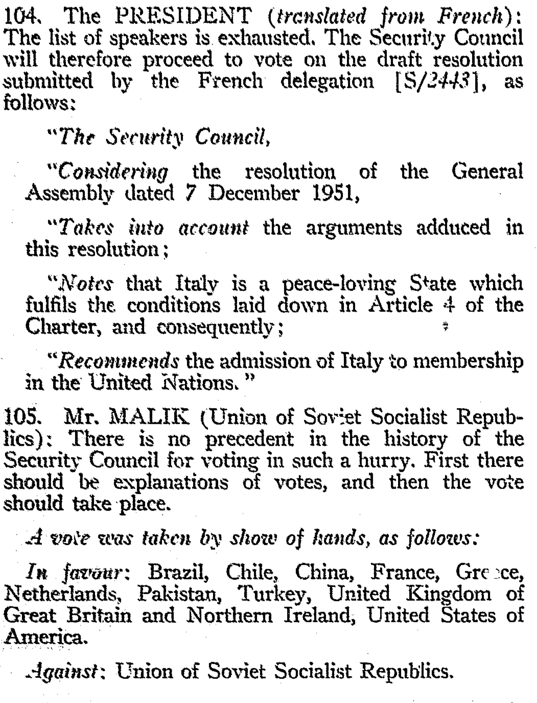 Veto by 1952 USSR on the admission of Italy to United Nations
